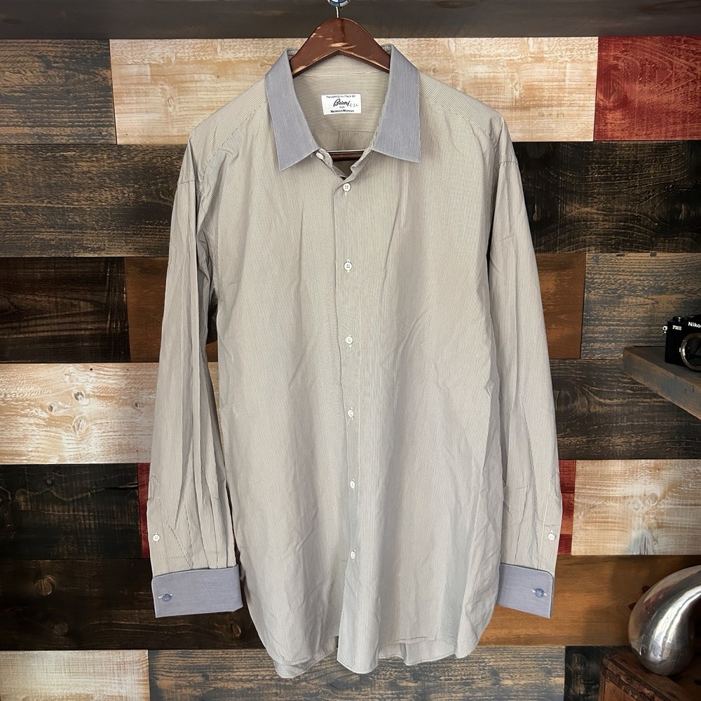 Brioni Neiman Marcus Dress Shirt 18 L Beige Striped Made In Italy Mens